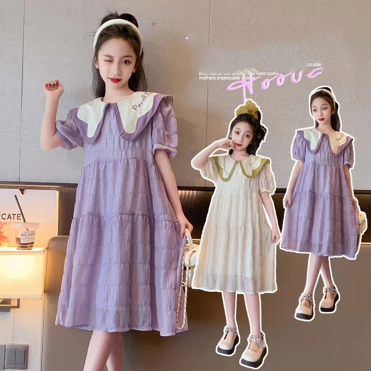 

2025 Korean Summer Junior Girl One-piece Dress School Girl Peter Pan Collar Princess Dress Children Girl Gauze Breathable Dress