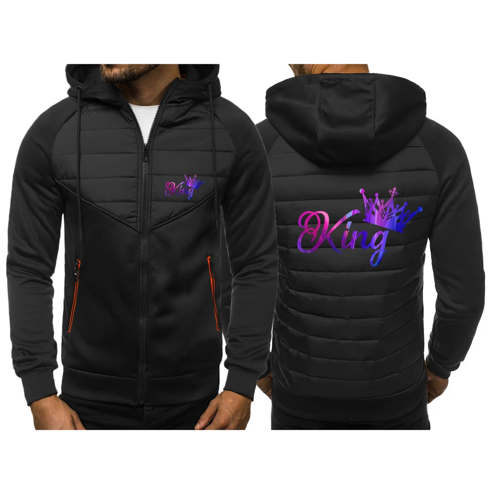 

2024 Printing New King Queen Lovers Couples Hooded Jacket Spring Autumn Men Casual Slim Comfortable Leisure Patchwork Zipper Top