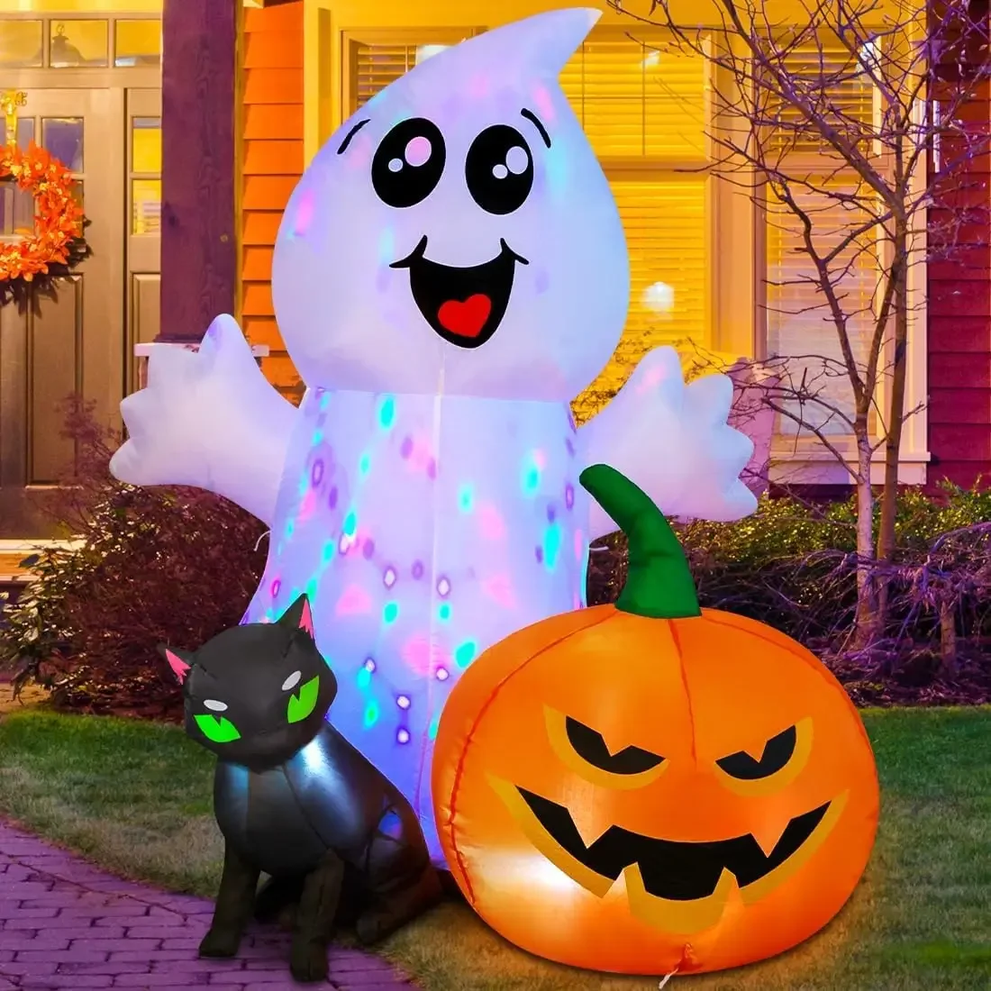 

Inflatable 5FT Ghost with Black Cat and Pumpkin, Built-in LEDs Blow Up Yard Decoration for Party Outdoor Yard Garden Lawn