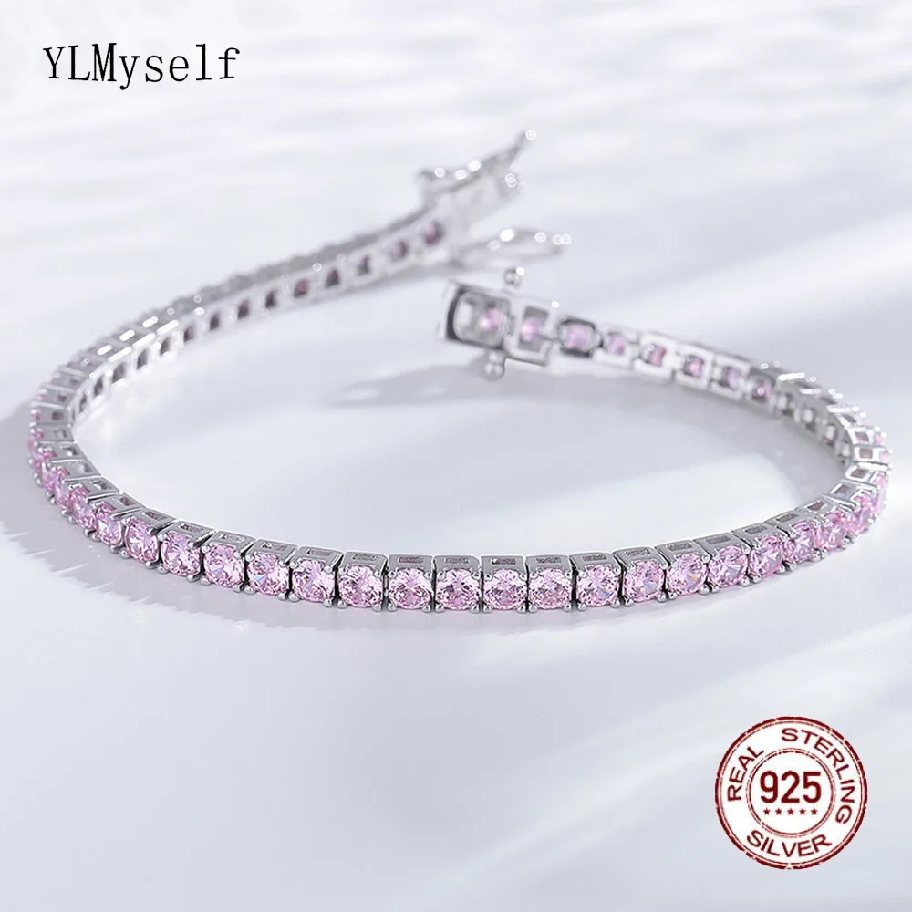 

YLMyself Tennis Bracelet 3MM Pink Cubic Zirconia 16/17/18 CM Pave Rhodium Plated 925 Silver