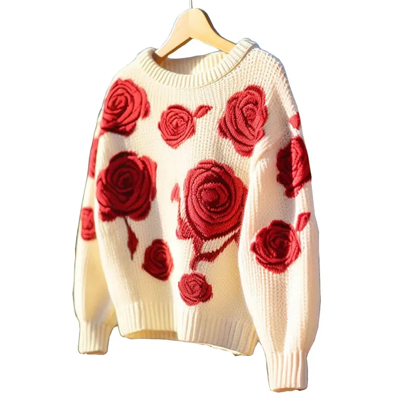 Vintage Floral Sweater Women Pullovers Long Sleeve Soft Knitwear Jumpers Female O Neck Casual Woman Sweater For Spring Autumn