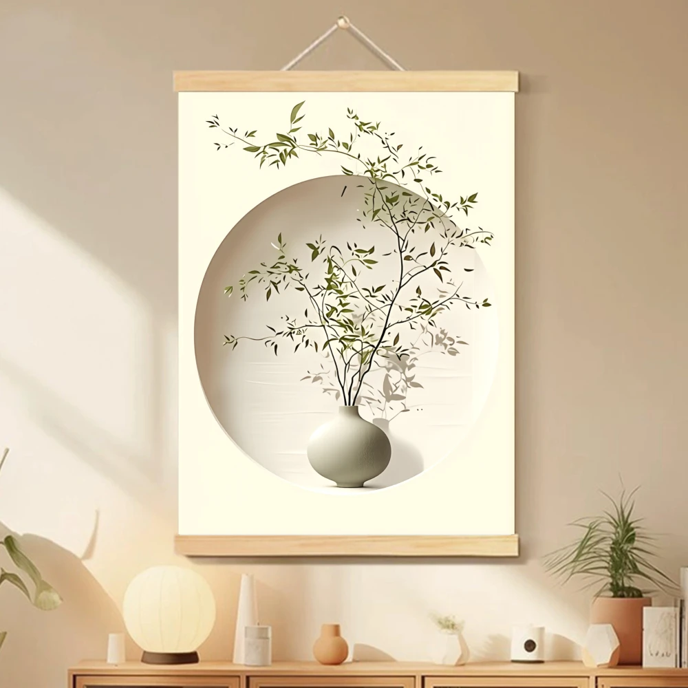 1 Stück Moderne Abstrakte Vase und Pflanzen Rollbild Leinwanddruck Poster Wandbehang, Holzgerahmte Wanddekoration