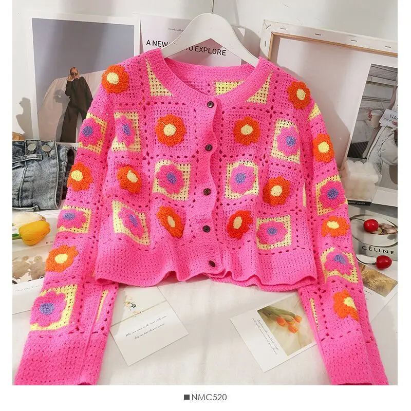 2022 Fall Women\'s Crochet Cardigans Multicolor Y2k Vintage Knitted Sweaters Long Sleeve Loose Coats Warm Sweaters 3 Colors