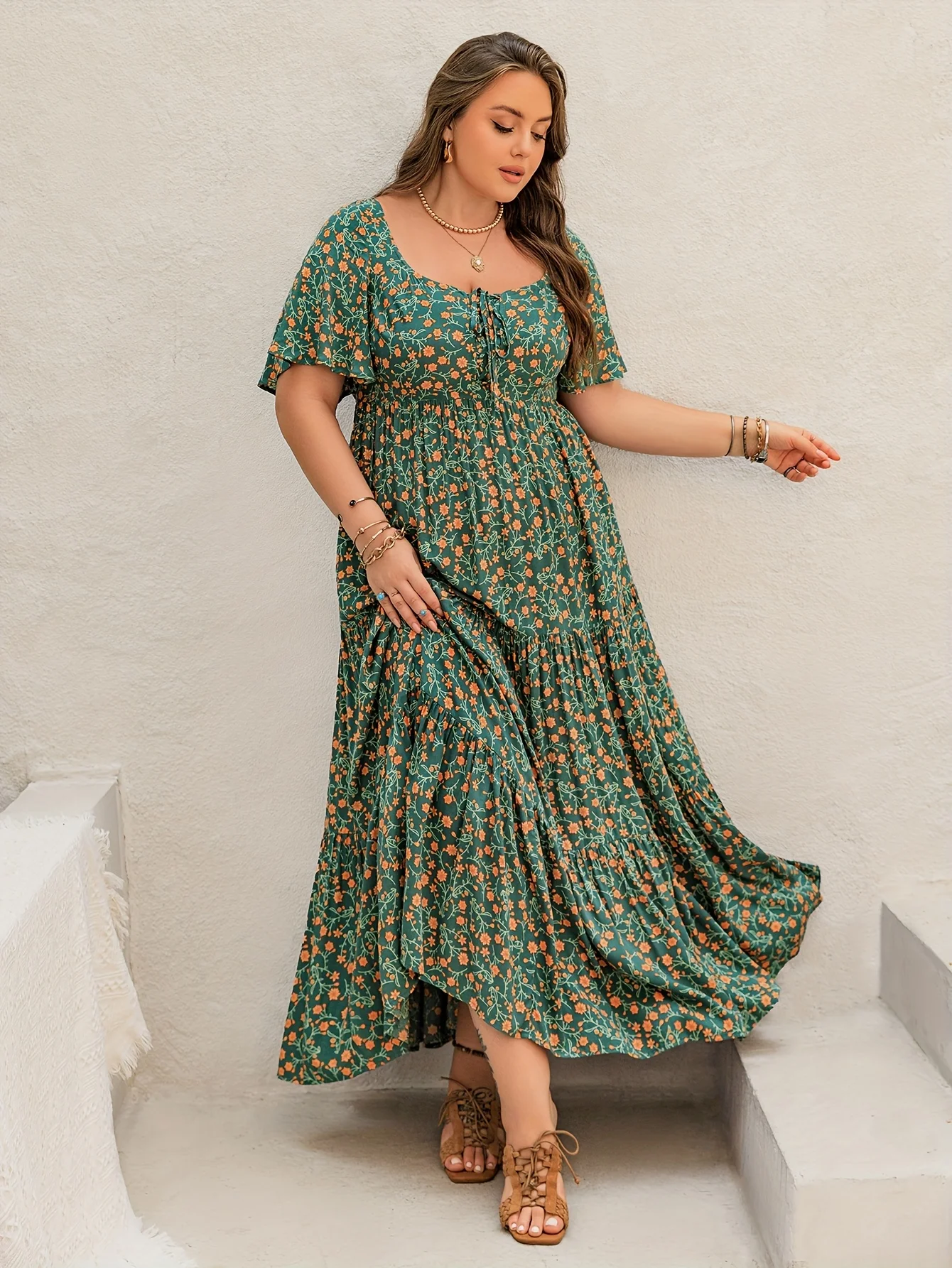 Plus Size Bohemian Long Dress for Women French Collar Adjustable Tie Print in Large Size Ladies Gown with Boho Chic Style view 4