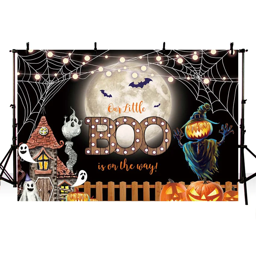 Mehofond Halloween BOO Backdrop for Baby Shower Portrait Castle Ghost Pumpkin Spider Bat Decor Photography Background Photozone