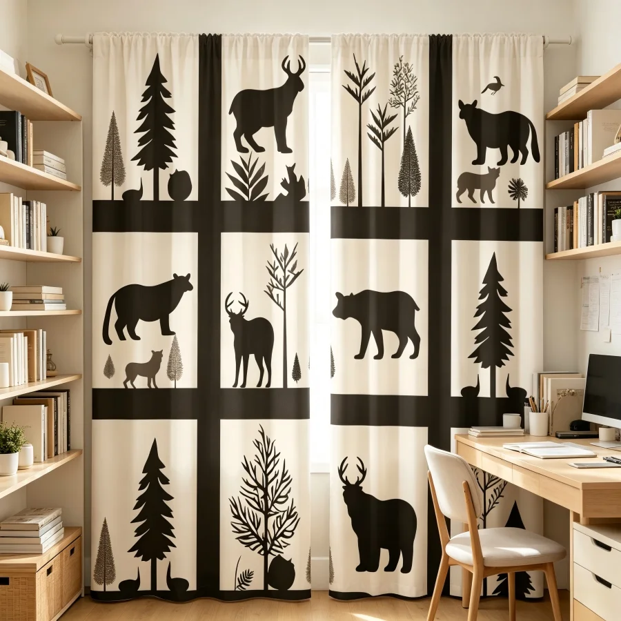 2PCS Digital Print  Curtain, Grid Frame Animal Silhouette, Aesthetic Room Decor  Curtain for Apartment Dorm Bedroom