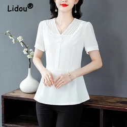 Women Ruffled Chinese Style Elegant Blouse Fashion Sweet Short Sleeve V Neck Shirt Casual Solid Slim Chic Tops Blusas Para Mujer