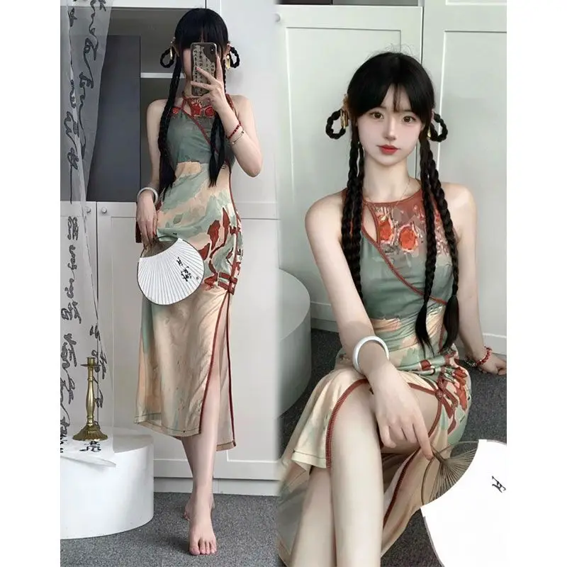 

Vintage Chinese Style Fashion Elegant Improved Cheongsam Dress Modified Cheongsam Sexy Slit Slim Buns Sling Qipao Dress