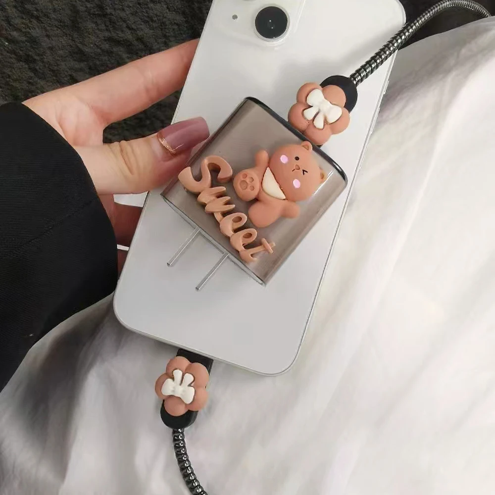 3D Pink Flower 18W 20W For US Charger Protection Cover Cute Bear USB Cable Winder Protector Shell Case For iPhone Huawei Xiaomi