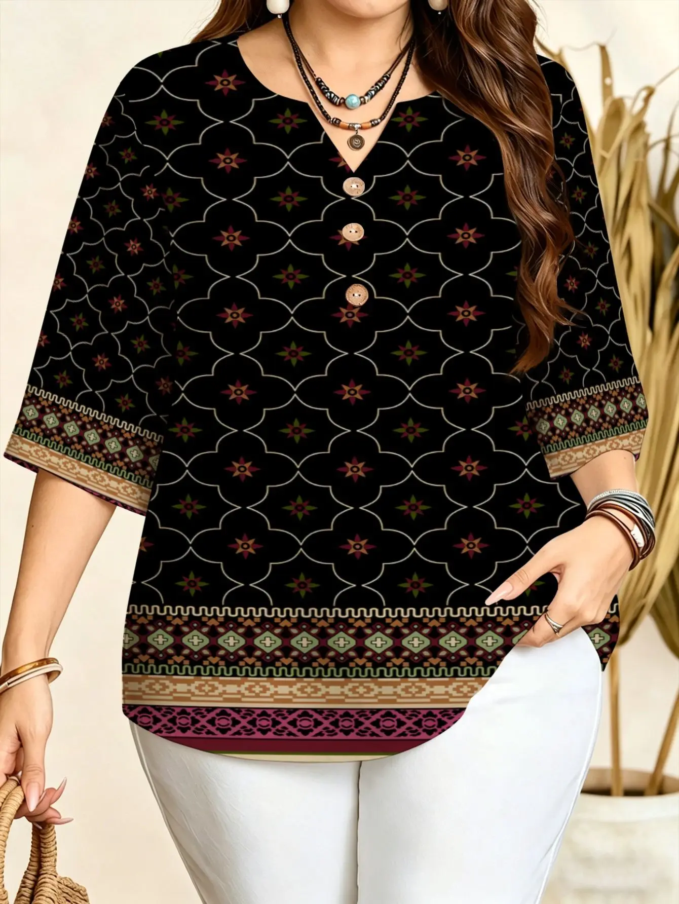 Boho Ethnic Pattern Print Women Blouse 3/4 Sleeve Notch V Neck Three Front Buttons Summer Loose Tops