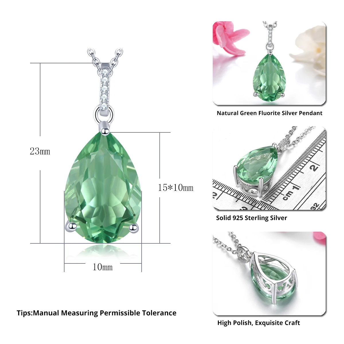 Natural Green Fluorite Solid Silver S925 Pendant 7 Carats Genuine Green Gemstone Classic Fine Jewelry Design Women Favorite Gift