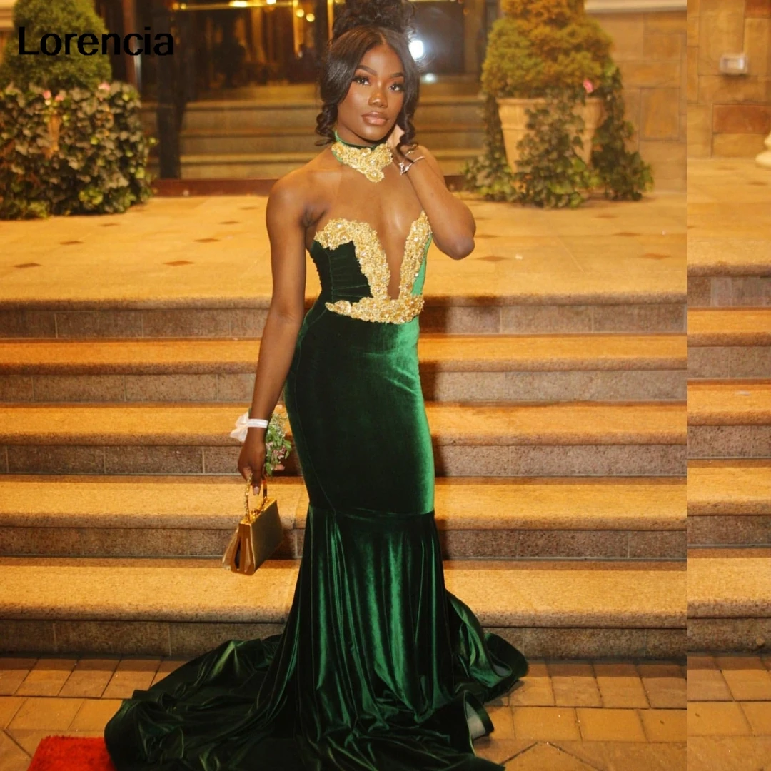 Customized Green Velvet Mermaid Prom Dress For Black Girls 2024 Gold Lace Crystal Beaded Party Gala Gown Robe De Soiree YPD131