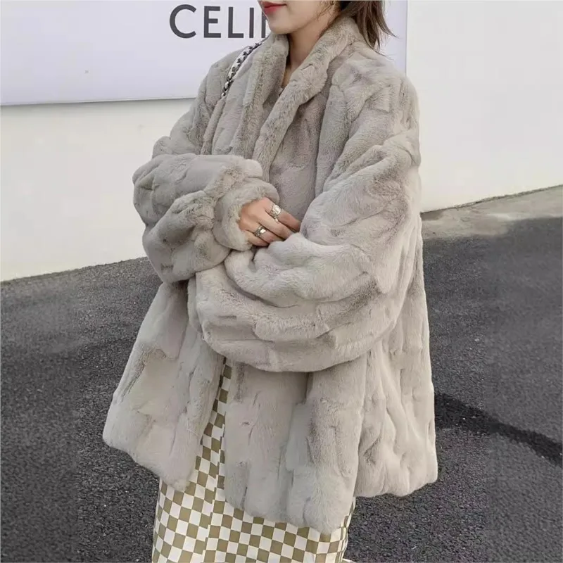 

Large-sized mixed fur coat stand-up collar women's loose and warm fluffy top