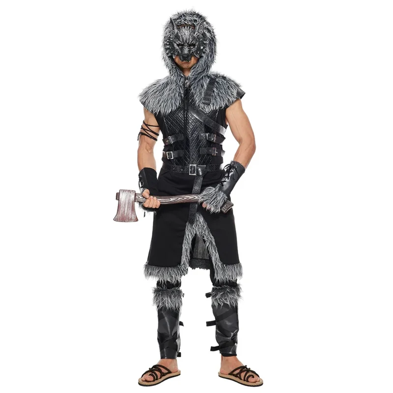 Eraspooky Men Viking Wolf Costume Medieval Werewolf Warrior Cosplay Adult Halloween Costumes Fur Leather Jumpsuit Full Set OA292