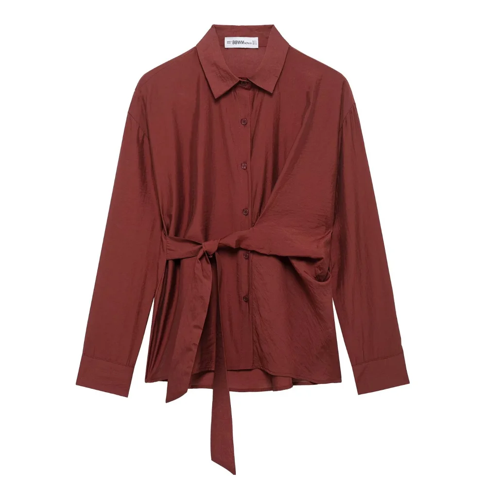 

2025 BM MD ZA Women's Shirt with Collar Long Sleeves and Wrap Around Belt Design Stylish and Trendy Garment
