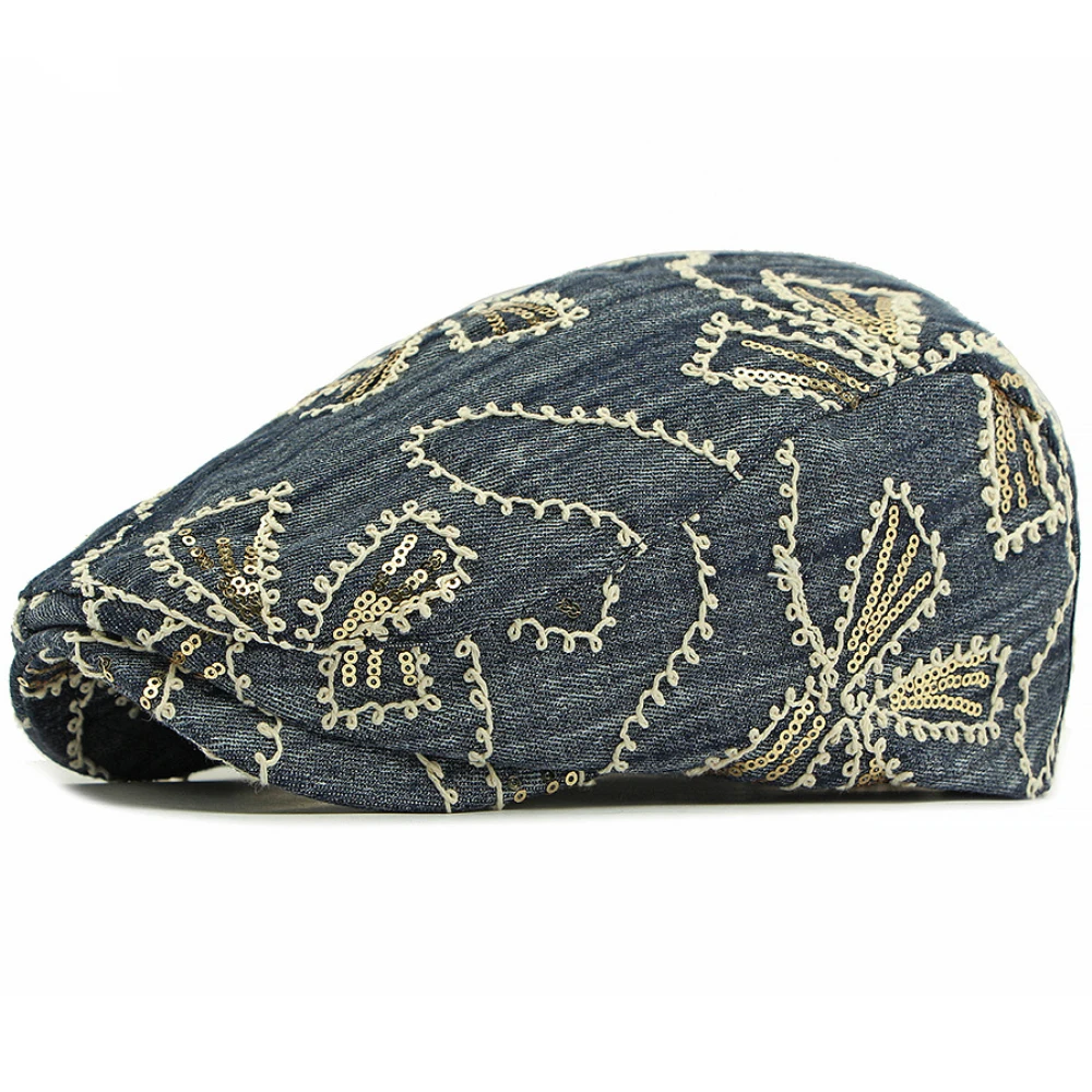 HT4833 Herren Berets Frauen Vintage Künstler Maler Baskenmütze Hut Männlich Weiblich Pailletten Ivy Flache Kappe Frühling Sommer Herbst Denim Baskenmütze Kappe – Detail 7