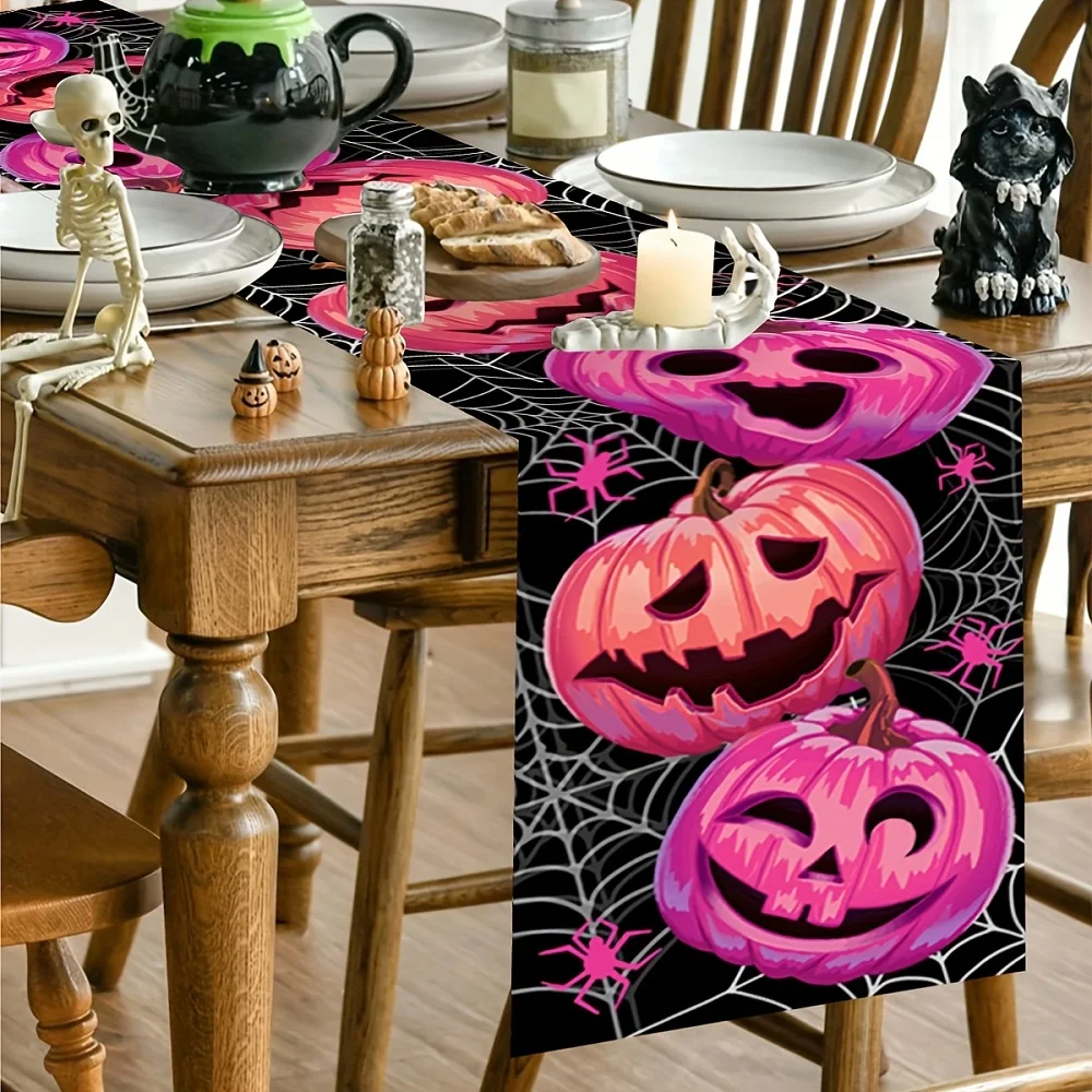 Happy Halloween Pink Pumpkin Table Runner Dresser Scarves for Family Gathering Party Banquet Kitchen Dining Home Decoration