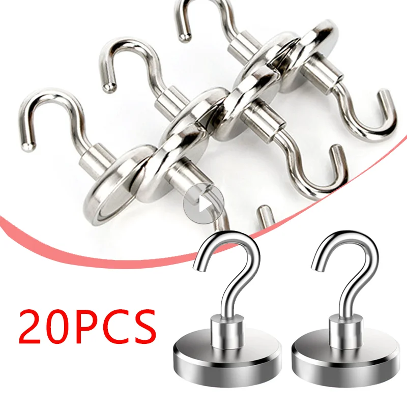 20Pcs Strong Magnetic Hooks Neodymium Magnet Heavy Duty Wall Hook Hanger Practical Load Bearing Hooks Multi-Purpose Storage