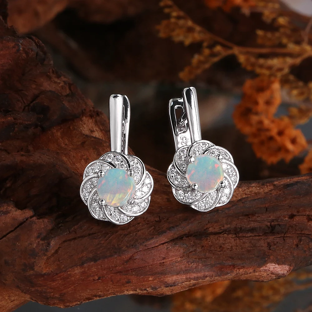 

Элегантные серьги с застежкой в форме цветка, натуральный круглый опал 5,0 мм, стерлинговое серебро 925 пробы, ювелирные изделия для женщин, подарки на день рождения