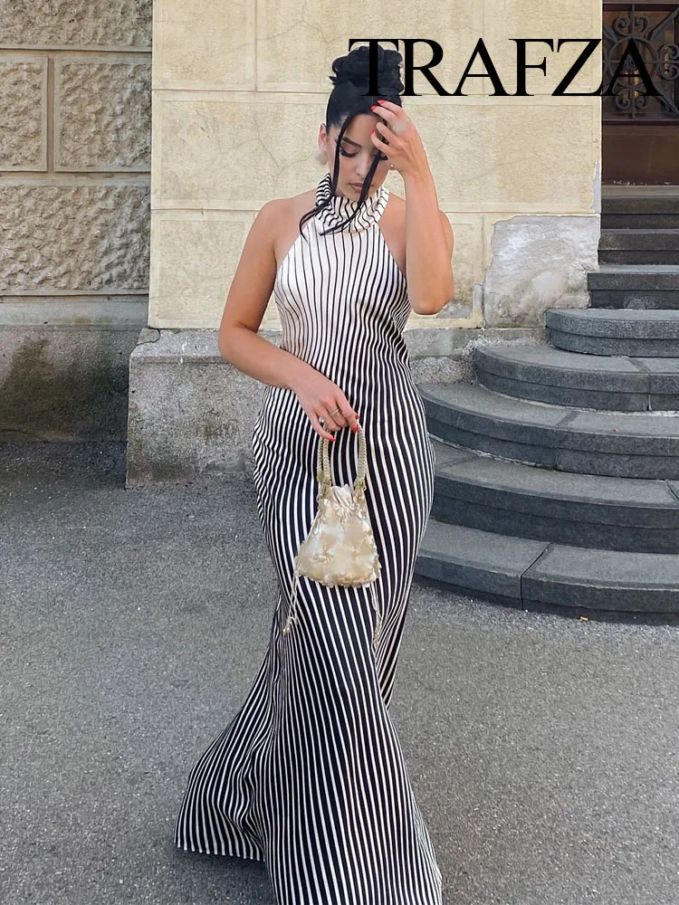 TRAFZA Women Elegant Stripe Print Hanging Neck Collar Long Dresses Woman Summer Sexy Sleeveless Backless Chic Evening Dress