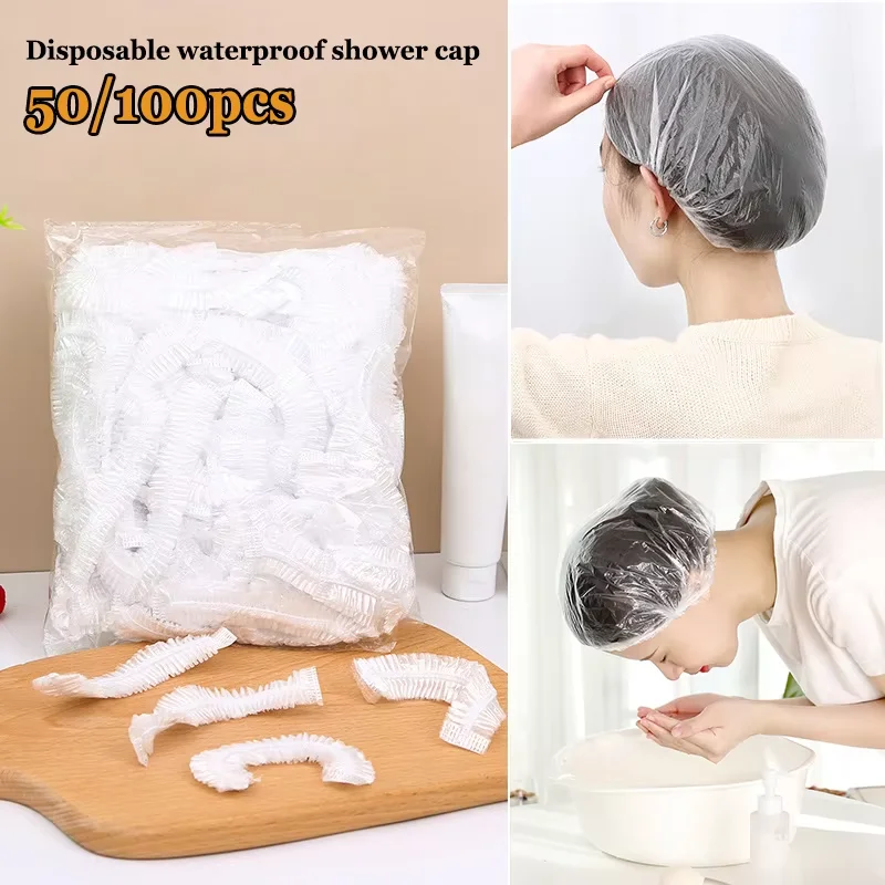 Einweg-Duschhaube für Damen, Transparente Schönheits-Haube, Elastische Duschhaube, Wasserdichtes Plastik-Stirnband, Hotel, Haarfärbung