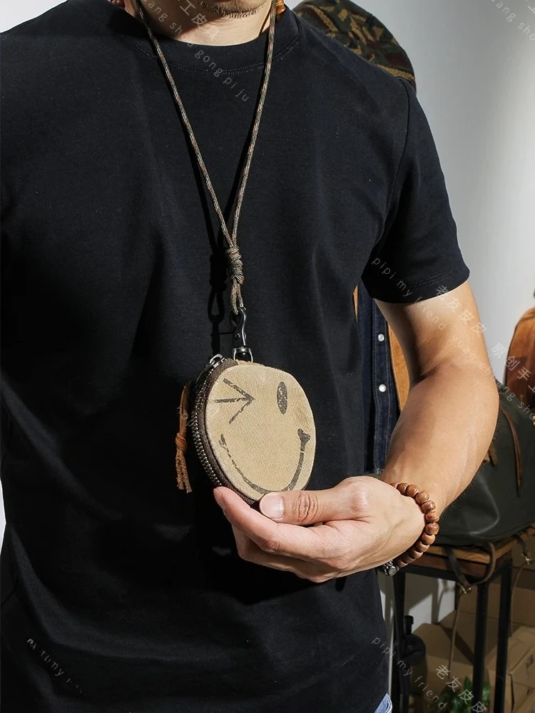 

First Layer Cowhide Card Holder Washed Oil Wax Leather Key Case Retro Leather Storage Bag