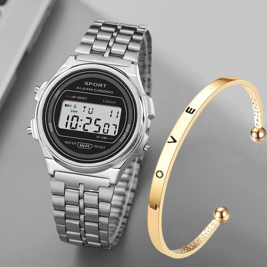 Casual Ladies LED Electronic Watch Vintage Steel Strap Gold Plated Women Watches Business Folding Sports Wristwatch Clock