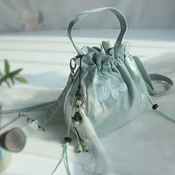 Chinese Style Women's Drawstring Bag Vintage Flower Embroidery Hanfu Handbag Street Fashion Girls Bucket Shape Shoulder Bag