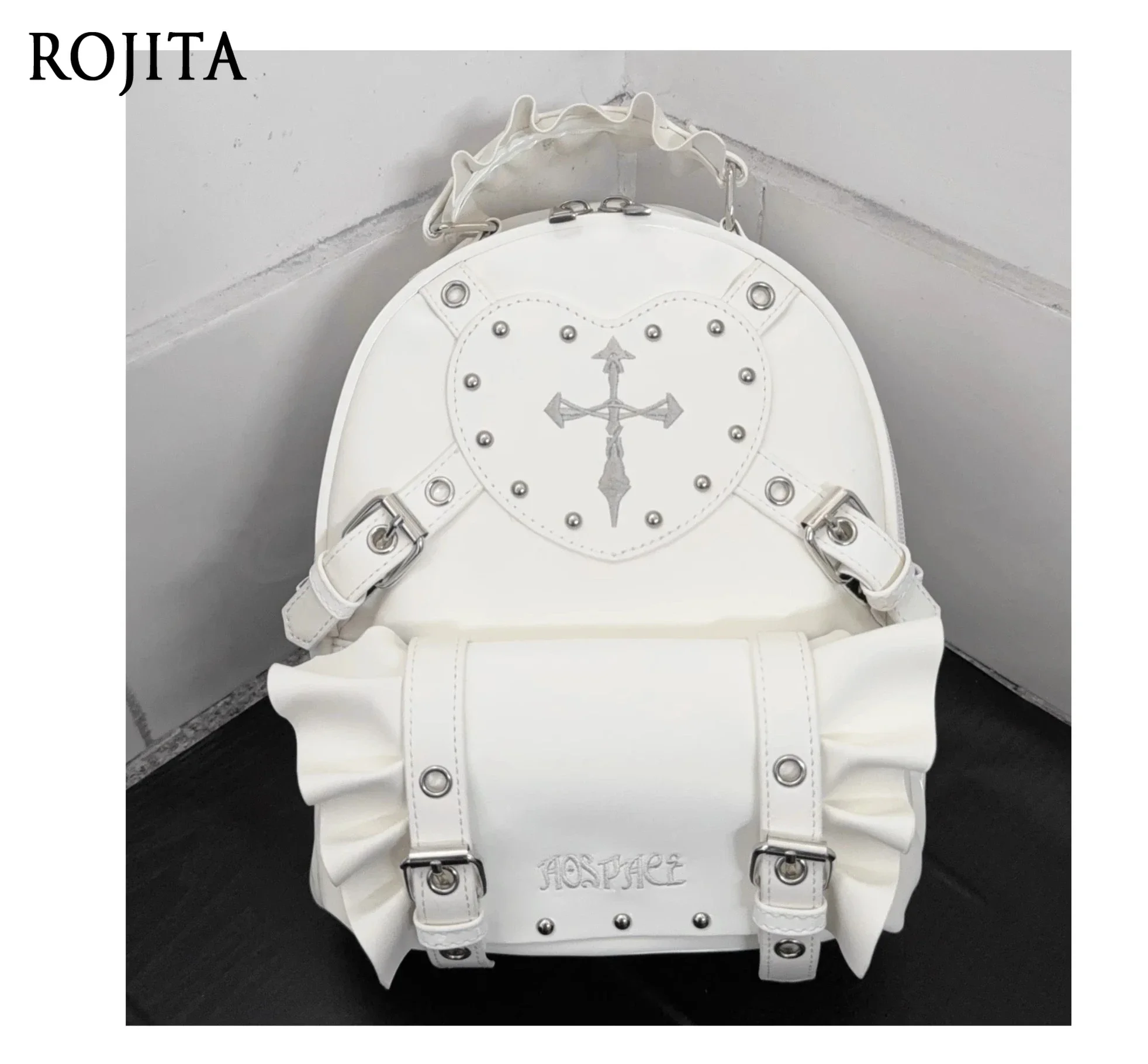 

Subculture Embroidery Love Cross Rivet Pleated Backpack Women Ita Bag Mercerized White Double Shoulder Bag Japanese Mine Series