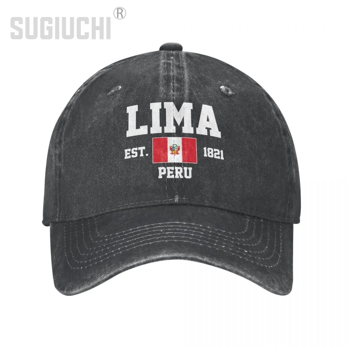 Flag of Peru EST.1821 Lima Unisex Adult Charcoal Washed Denim Baseball Cap Men Classic Vintage Cotton Dad Patriotic Trucker Hat