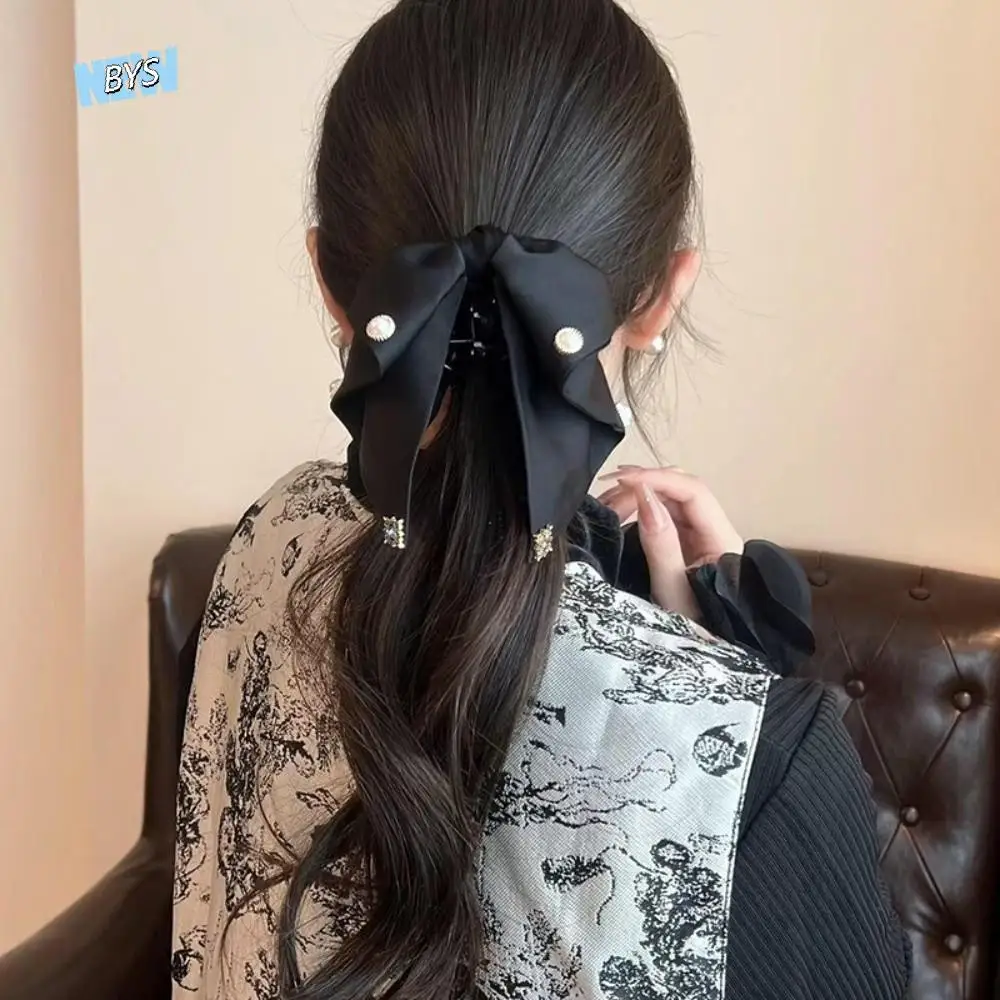 

Мерцающие бусины, черный бант, зажим в виде акулы, элегантный французский стиль, блестящие стразы, коготь для волос, головные уборы, ткань, женские заколки для волос с блестками, подарки