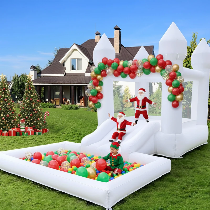 子供用ブロワー付きインフレータブルミニ城,スライドとボールピット付きの白い家,誕生日プレゼント,カスタマイズ,9フィート