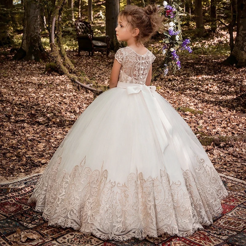 Vestidos blancos de flores para niña, apliques de encaje de tul champán con lazo sin mangas para boda, cumpleaños, vestidos de primera comunión