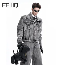 FEWQ Men's Niche Splicing Belt Design Denim Jacket Autumn Gradient Washed Short Lapel Vintage Male Wide Leg Pants Sets 24E2188