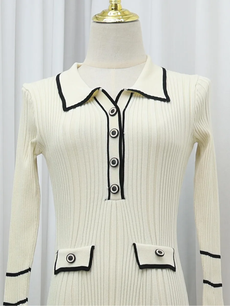 Autumn Winter Elegant Knitted Long Ruffles Dress For Women 2024 New High Waist Buttons Turn-down Collar Sweater Dresses Female