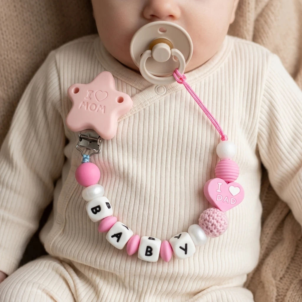 Pink Silicone Baby Teether Holder Personalized Pacifier Clip Custom Name BPA Free Handmade Dummy Chain Girl Shower Gift