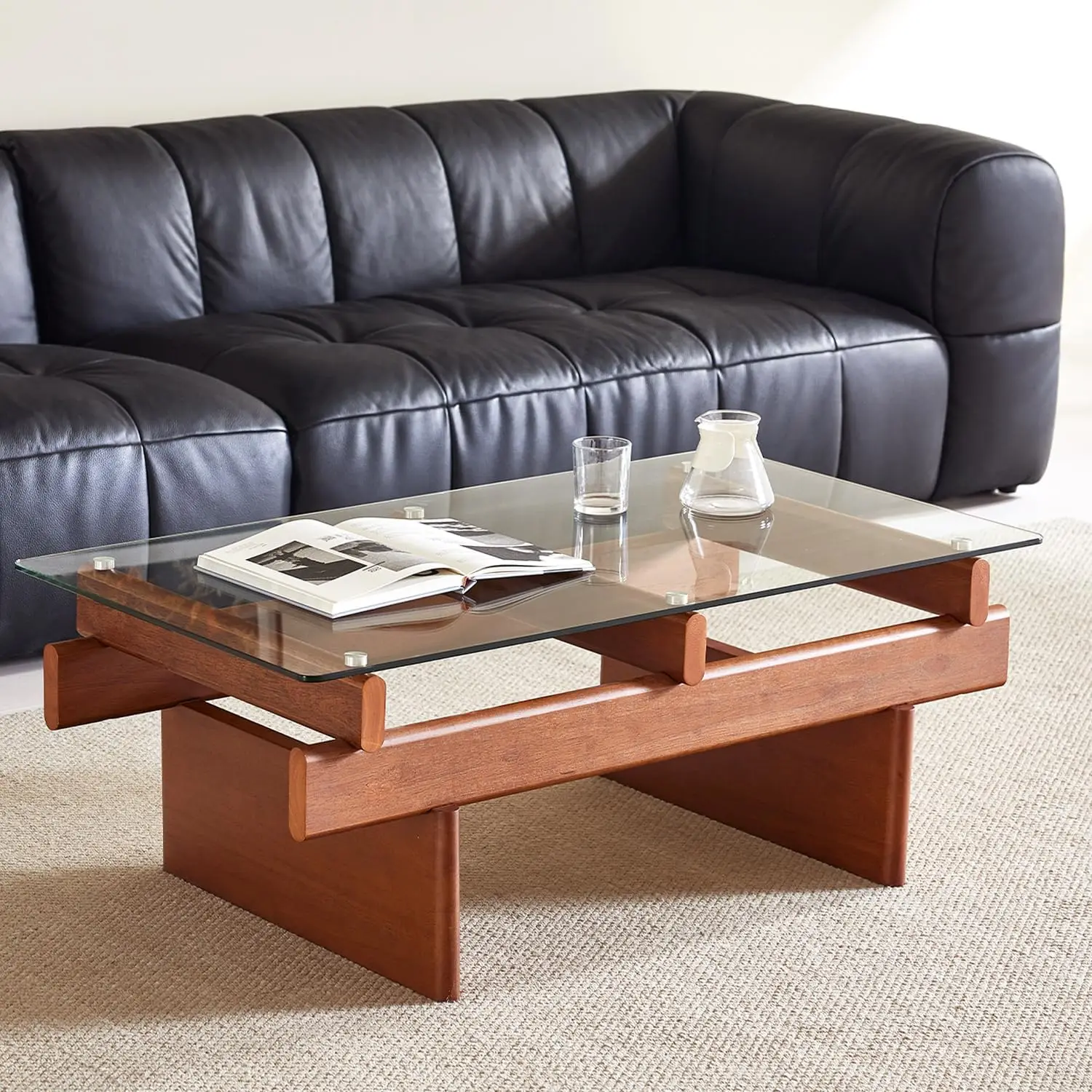 โต๊ะกาแฟกระจกสำหรับห้องนั่งเล่น, โต๊ะกาแฟไม้เนื้อแข็ง 100% พร้อมท็อปกระจกนิรภัยทรงสี่เหลี่ยม, โต๊ะกาแฟสไตล์โมเดิร์นกลางศตวรรษ