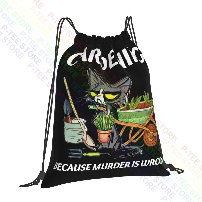 Black Cat Gardening Because Murder Is Wrong Black Cat Lovers Drawstring Bags Gym Bag Portable Sports Style