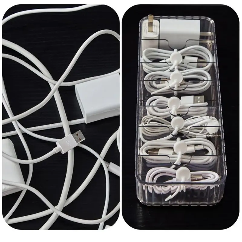 DT19 2 Pack Cable Storage Box Cord Organizer with 20Pcs Cable Ties for Earphone Desk 26x9.5cm Transparent