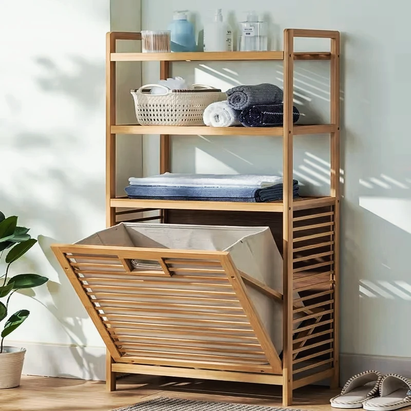 3/4 Tier Wooden Laundry Hamper Multi-Function Storage Basket Bathroom Rack Bamboo Laundry Organizer Large Capacity Bin