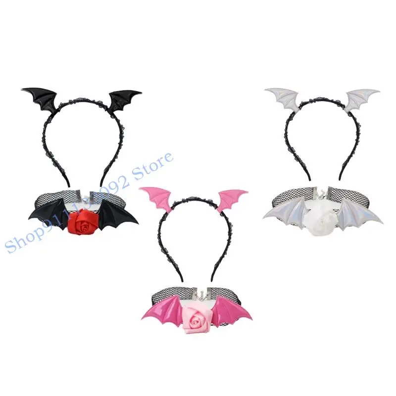 H9ed adultos trajes do diabo conjunto acessórios diabo morcego bandana flor renda gargantilha para role play halloween cosplay