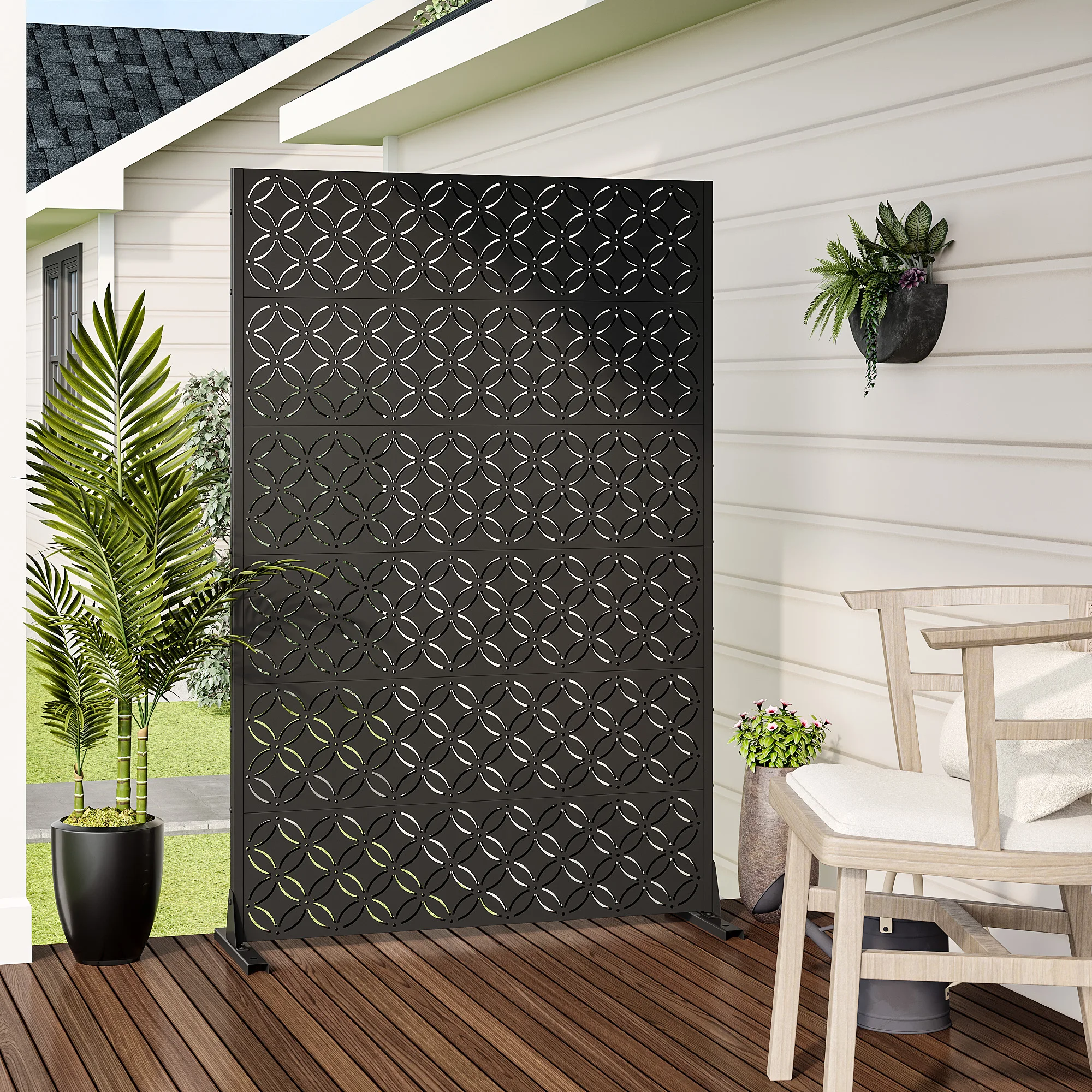 16 in. D x 47 in. W x 72 in. H Black Galvanized Steel Outdoor Privacy Screen Decorative Metal Fence Panel