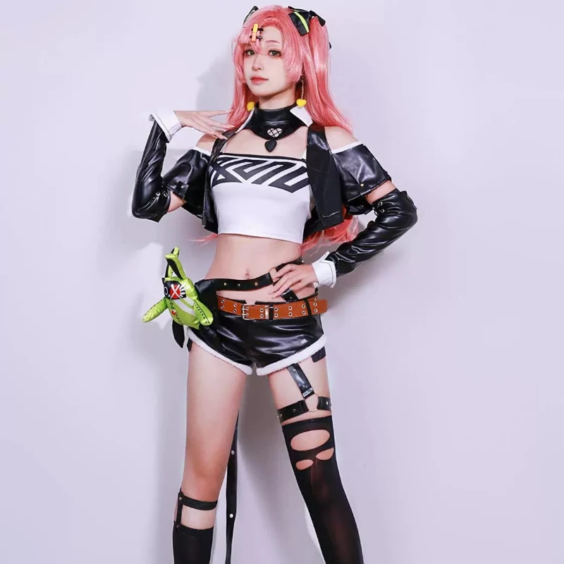 Nicole Demara ZZZ Cunning Sweetheart Skin Cosplay Neon Pink Bralette Harajuku Punk Arm Warmers Harness Belt Mini Dress Set view 5