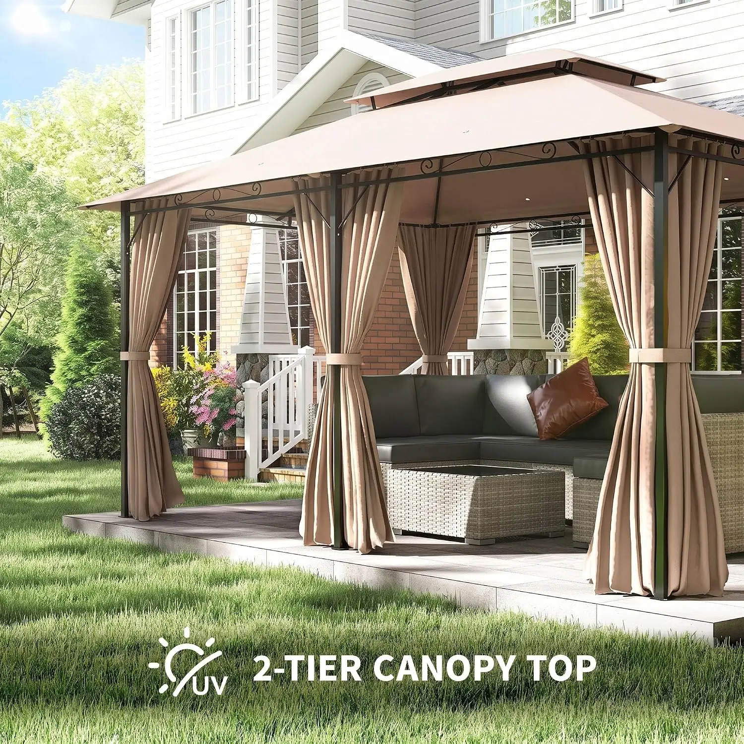 10x13 Ft Khaki Patio Gazebo with Curtains Double Tier Vented Roof 180g Polyester Canopy Powder Coated Steel Frame 12 Ground Stakes Backyard Deck Shelter