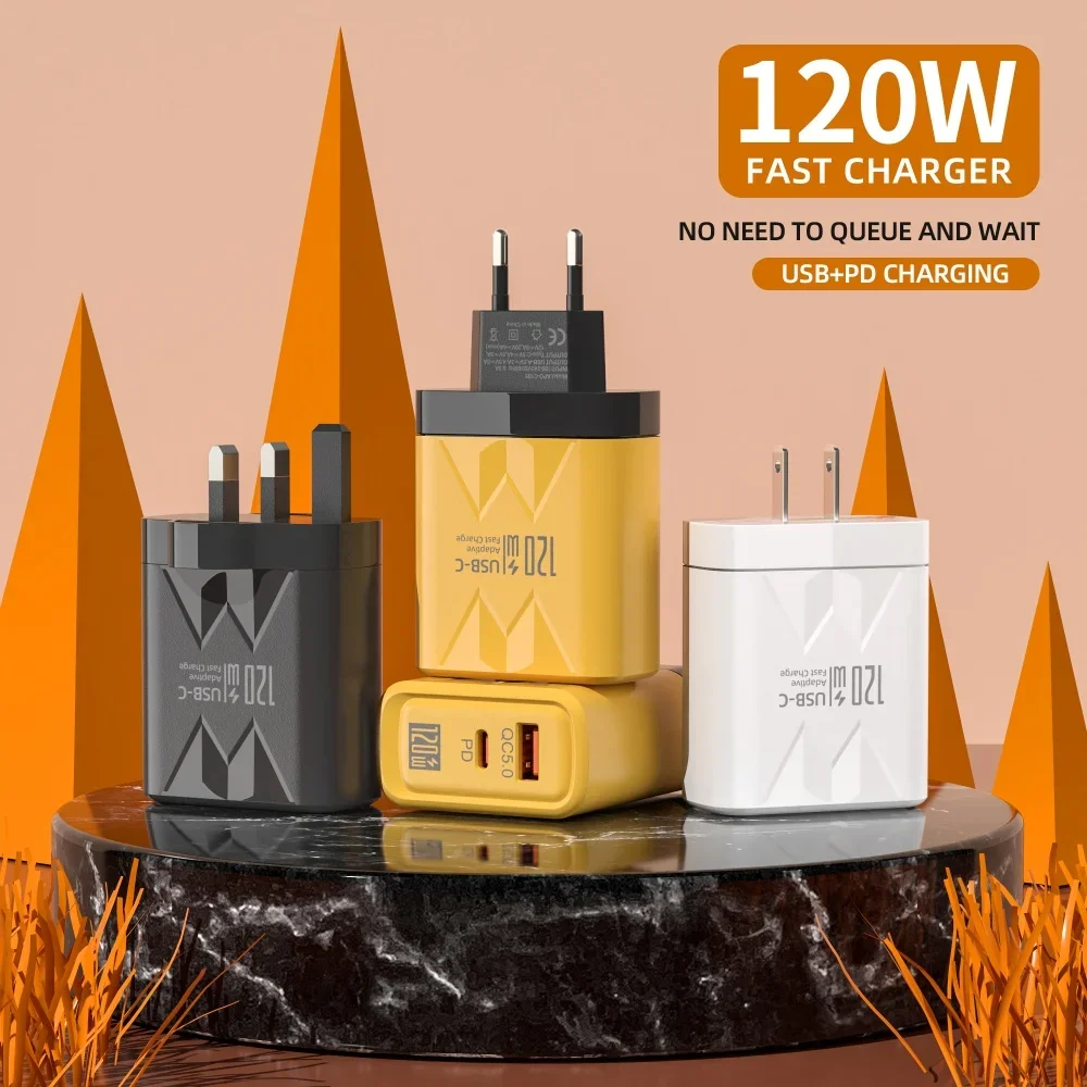 

Type C 120W Phone Charger PD Fast Charging 120W USB QC3.0 Multiple 2 Ports Mobile Phone Adapt for Xiaomi High Speed Wall Charger