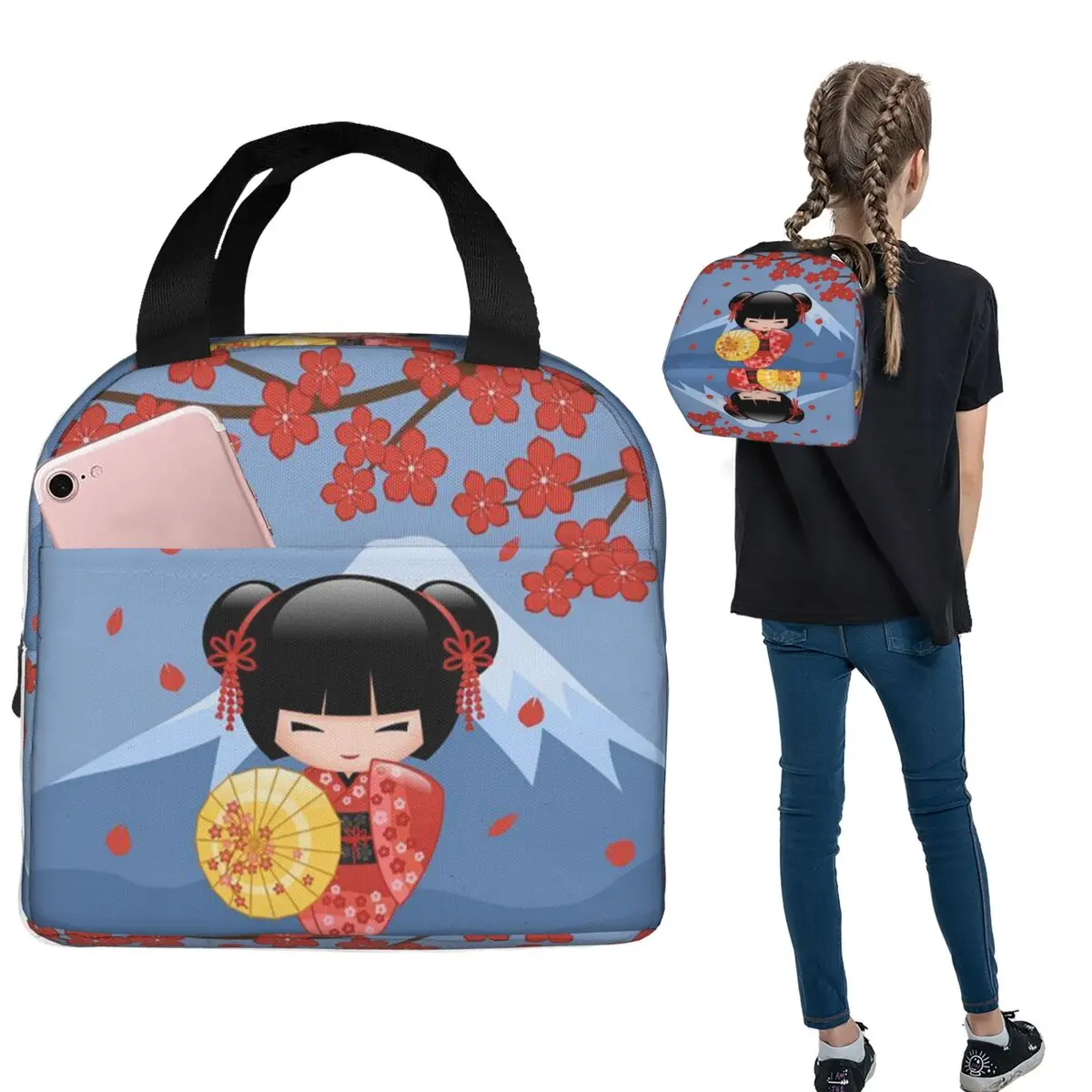 

Japanese Red Sakura Kokeshi Doll Lunch Bags Insulated Bento Box Portable Lunch Tote Resuable Picnic Bags for Woman Girl Travel