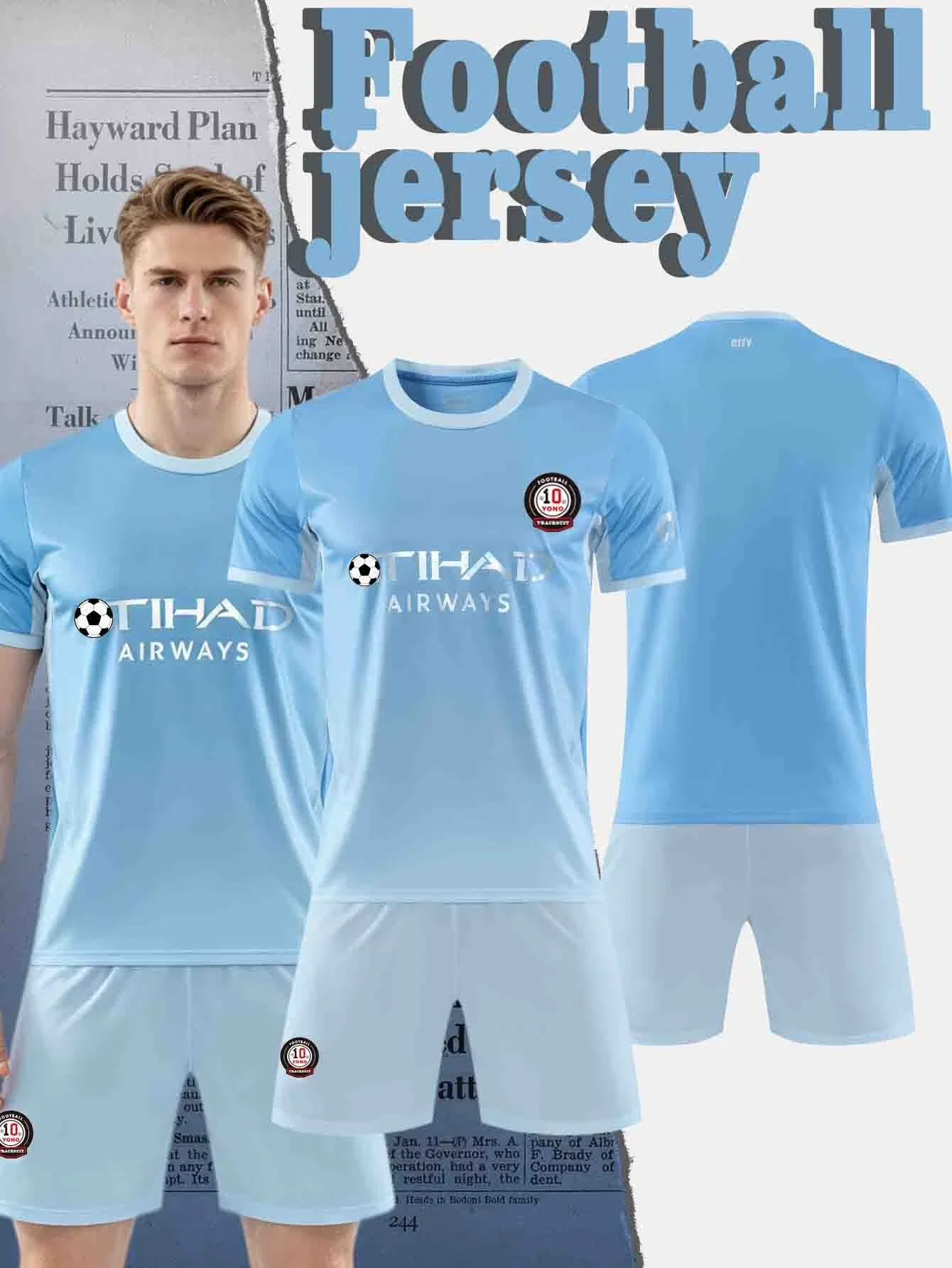 Men's casual sports football jersey with round neckline, paired with stylish breathable shorts, for a comfortable football set