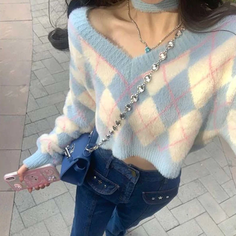 Pullovers Women Sweaters Argyle Korean Style Slash Neck Daily Spring Warm All-match Long Sleeves Casual Popular New Arrival Cozy