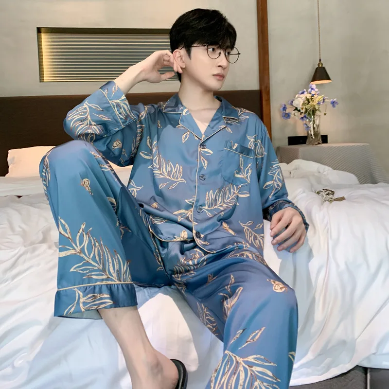 Pajamas Men Spring Summer Thin Ice Silk Luxurious Loose Fitting Home Wear Suit Male Satin Pyjamas Set Night Pajamas Set Men