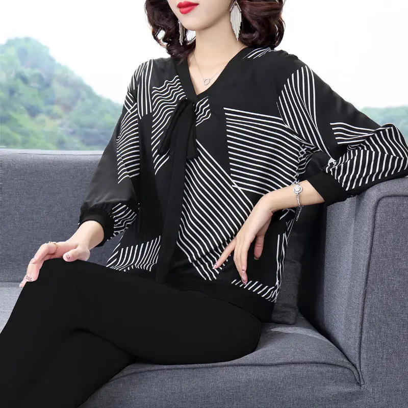 Vintage Printed V-Neck Drawstring Striped Bow Blouse Women\'s Clothing 2022 Autumn Casual Tops Oversized Loose Office Lady Shirt